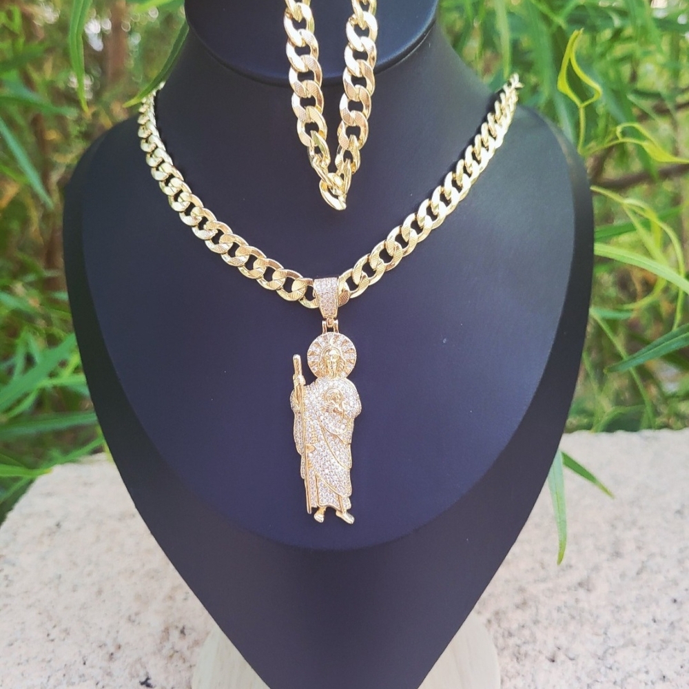 Set 18 K Gold Plated Cuban Necklace San Judas And Cuban Bracelet